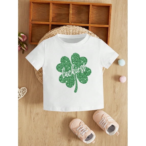 Baby Girls' Casual Heart-Shaped Pattern Short-Sleeved Round Neck Top, Suitable For Summer