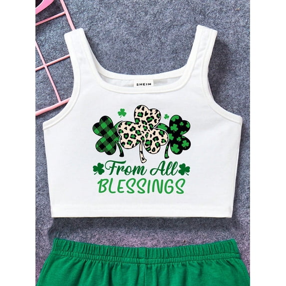 Baby Girls' Casual Simple Lucky Clover Pattern Tank Top And Shorts Set, Suitable For Summer