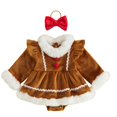 thumbnail image 1 of Baby Girls Christmas Gingerbread Romper Dress with Bow Headband, Long Sleeve Faux Fur Trim Holiday Outfit, 0-18M, 1 of 8
