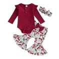 thumbnail image 1 of Baby Girls Christmas Outfit, 3 6 12 18M Long Sleeve Romper with Santa Print Flare Pants and Headband Clothing Set, 1 of 10