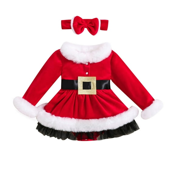 Baby Girls Christmas Outfits 3M 6M 12M 18M 24M Long Sleeve Fur Trim Velvet Romper Dress Headband Set Newborn XMAS Clothes 3-24Months