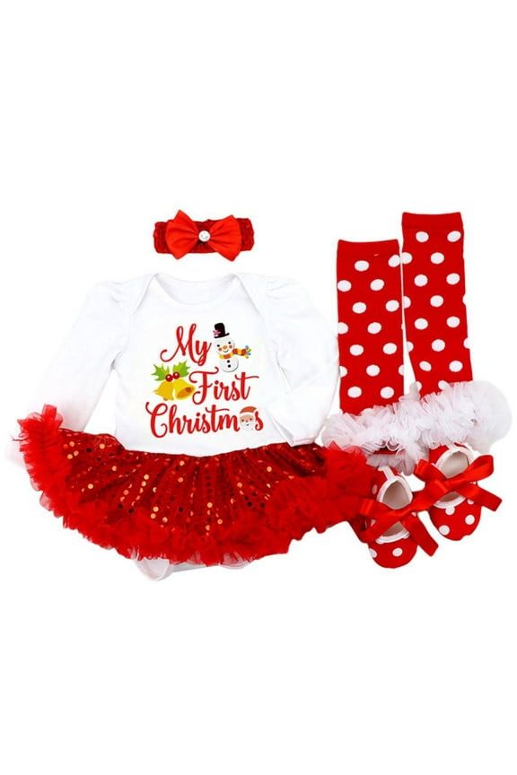 Baby Girls Christmas Outfits Clothes Newborn My First Christmas Romper Tutu Dress Headband Leg Warmer Shoes Toddler Clothing 4pcs/set 0-18 Months
