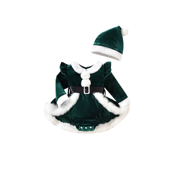 Baby Girls Christmas Romper Dress Plush Patchwork Long Sleeve Jumpsuits and Cute Santa Hat Set for Toddler Outfits