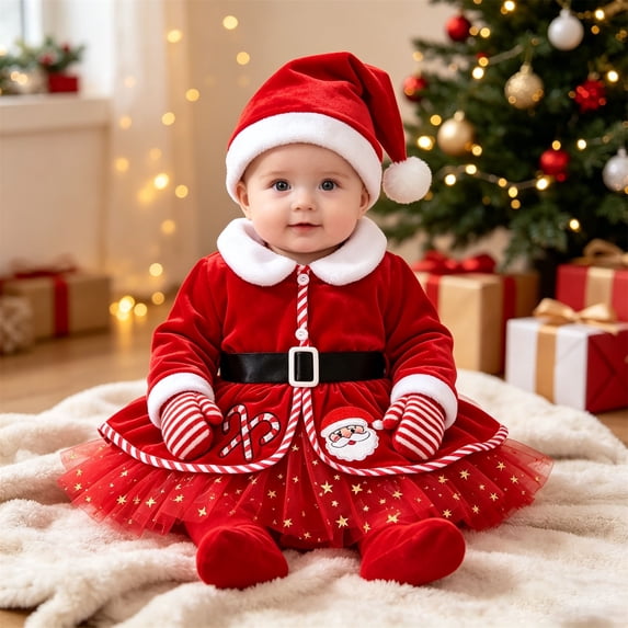 Baby Girls Christmas Romper Dress Set Velvet Tulle Tutu Dress with Santa Hat Belt and Socks Holiday Party Photoshoot Outfit for 0-24 Months
