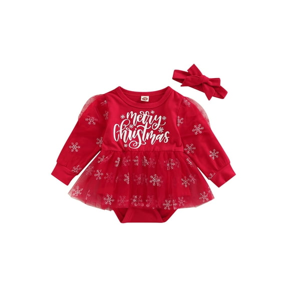 Baby Girls Christmas Romper Set, Long Sleeve Crew Neck Snow Letters Tulle Patchwork A-line Dress + Headband