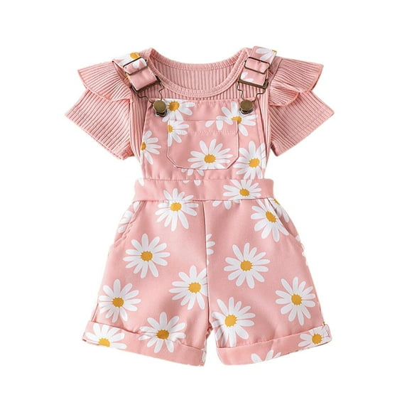 Baby Girls Clothes 3-6 Months Summer Two Piece Going Out Outfits Set Ribbed Short Sleeve Romper Overalls Shorts Set Cute 2 Years, Pink