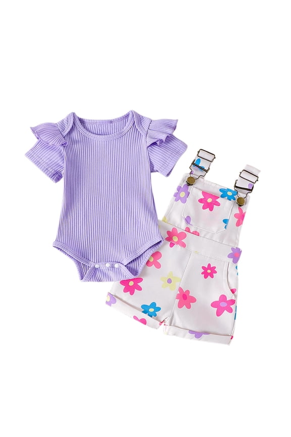 Baby Girls Clothes 3-6 Months Summer Two Piece Going Out Outfits Set Ribbed Short Sleeve Romper Overalls Shorts Set Cute 6 Months, Purple