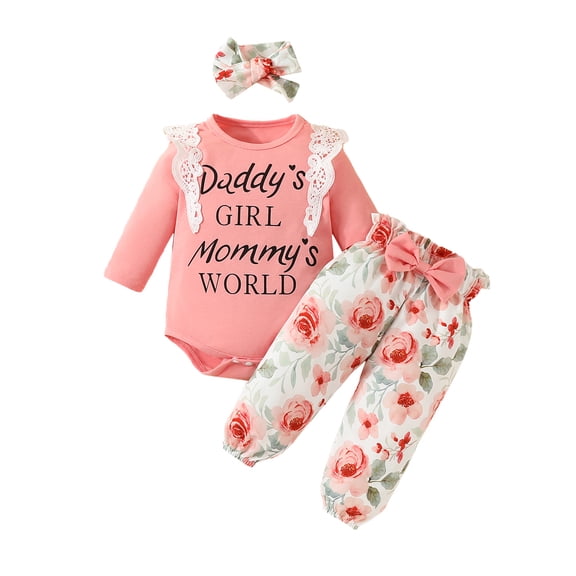 Baby Girls Clothes Fall/Winter Daddy's Girl Newborn Outfits 3M 6M 9M 12M 18M Long Sleeve Lace Ruffle Romper Pants Headband Set