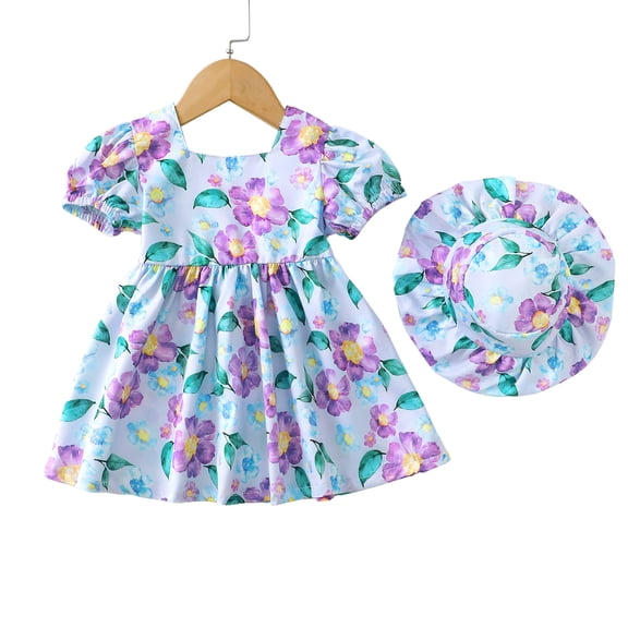 Baby Girls Clothes Infant Girls Floral Dress 3 Months Girls Summer Dress 6 Months Girls Sundress Short Sleeve Dress with Cute Hat Purple