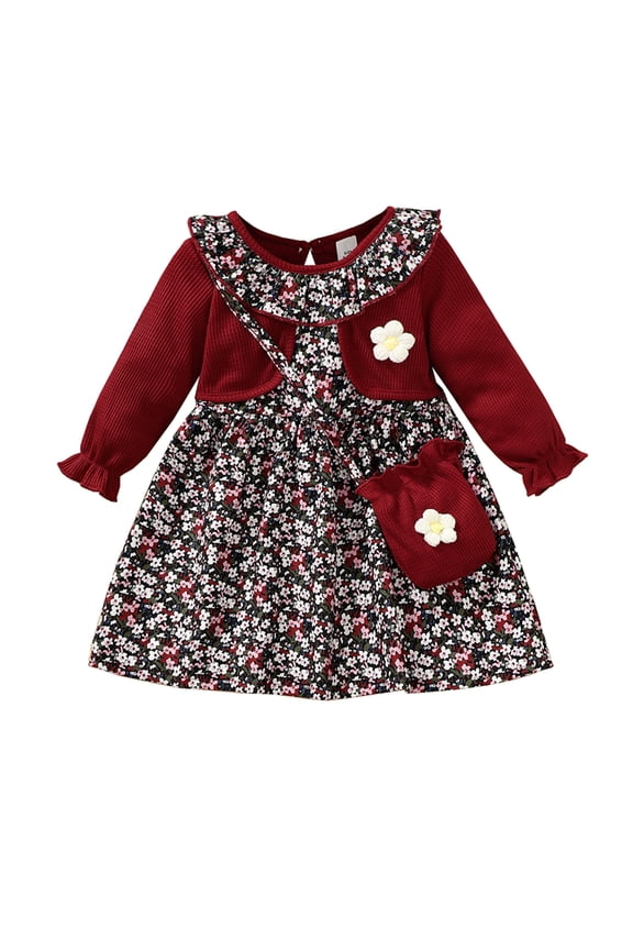 Baby Girls Clothes Infant Girls Floral Dress 6 Months Girls Fall Dress 9 Months Girls Long Sleeve Dress with Cute Bag Red