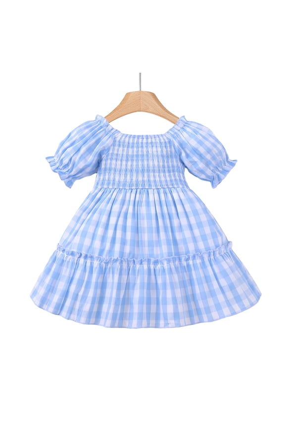 Baby Girls Clothes Infant Girls Plaid Dress 12 Months Girls Short Sleeve Dress 18 Months Girls Solid Color Dress Blue