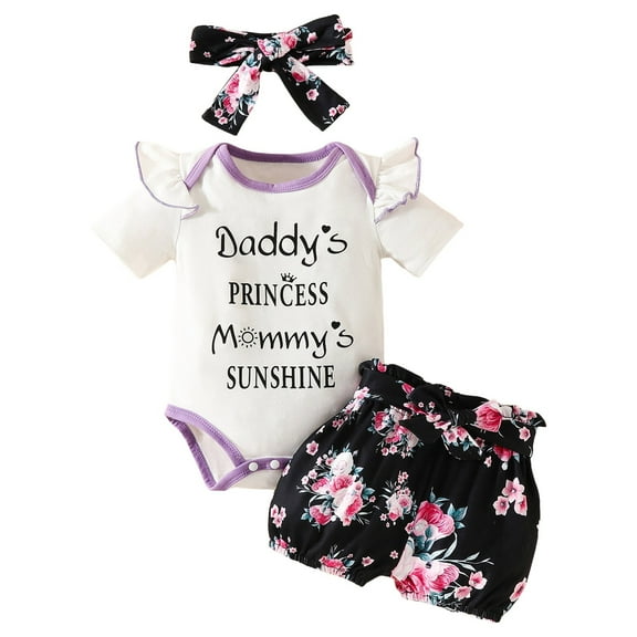 Baby Girls Clothes Infant Newborn Summer Outfits Set Toddler Letter Print Ruffle Short Sleeve Romper And Floral Shorts with Headband