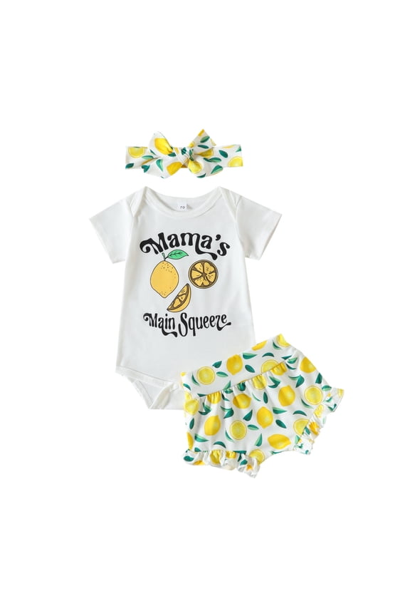 Baby Girls Clothes Outfit Short Sleeve Romper Lemon Print Shorts Headband Set 3Pcs Set