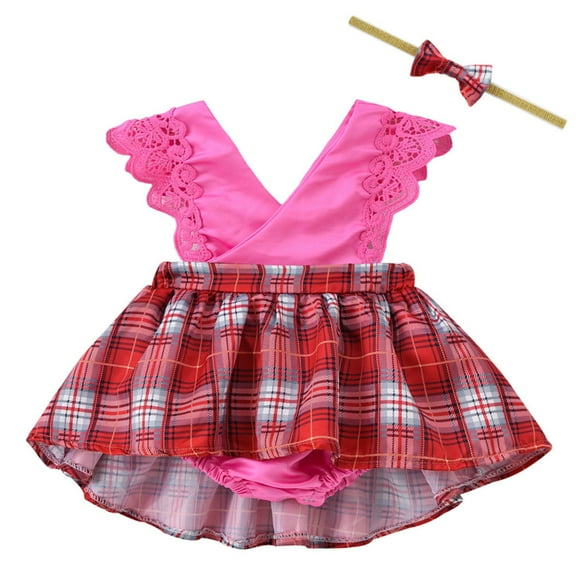 Baby Girls Clothes Plaid Romper Dress Summer Sleeveless Overalls Onesies Lace Trim Cotton Fashion Bodysuit, Hot Pink, 0 Months