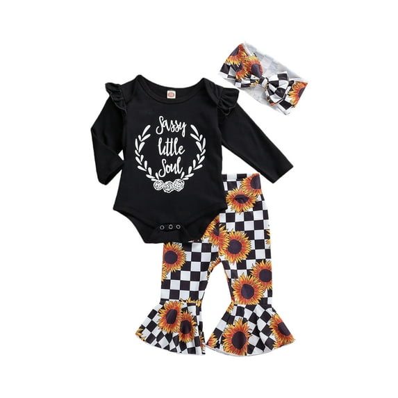 Baby Girls Clothes Set, Long Sleeve Letters Tops with Ruffle + Sunflower Print Flare Pants + Headband for Spring, Fall