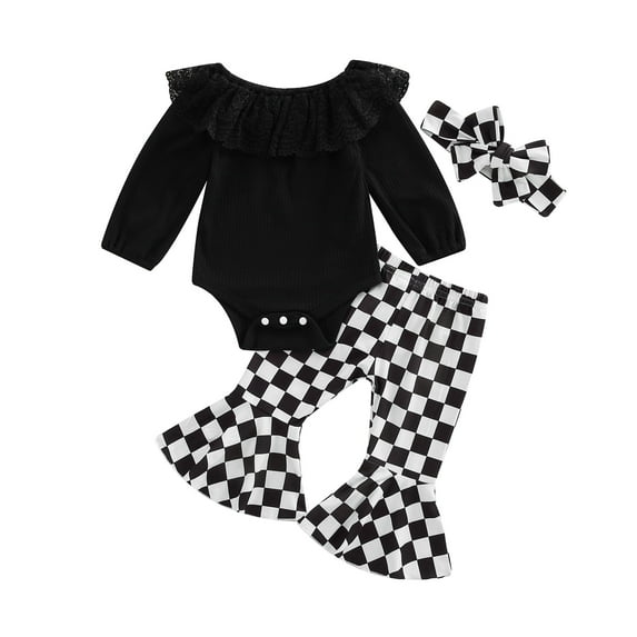 Baby Girls Clothes Sets 3pcs Ruffles Long Sleeve Solid Romper+Checkerboard Plaid Bell-Bottomed Pants