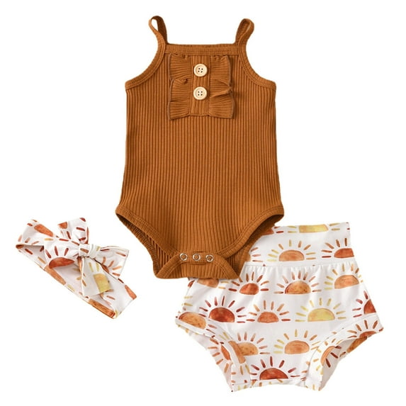 Baby Girls Clothes Sleeveless Solid Color Ribbed Bodysuit and Sun Prints Shorts with Headbands Outfits Baby Girls Set
