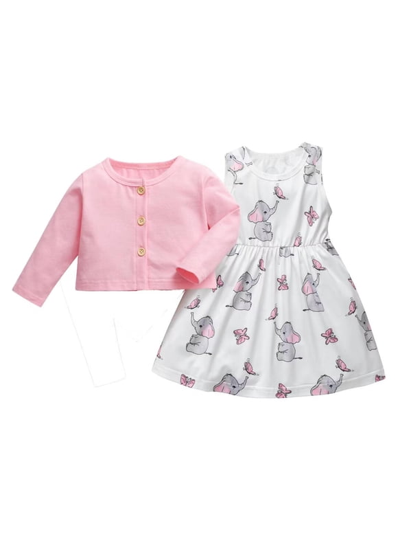 Baby Girls Clothes Solid Long Sleeve Tops + Sleeveless Elephant Style Dress Outfit Set Pink 3-6 Months