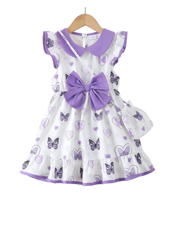 Baby Girls Clothes Toddler Girls Butterfly Dress 4T Girls Summer Casual Dress 5T Girls Sleeveless Dress with Cute Bag Purple