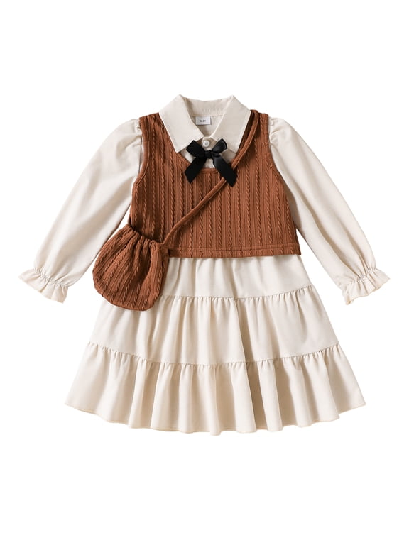 Baby Girls Clothes Toddler Girls Fall Dress 4T Girls Long Sleeve Dress 5T Girls Solid Color Dress with Vest Cute Bag Apricot