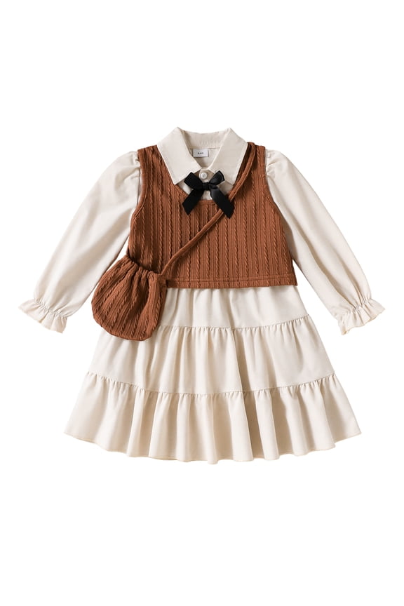 Baby Girls Clothes Toddler Girls Fall Dress 4T Girls Long Sleeve Dress 5T Girls Solid Color Dress with Vest Cute Bag Apricot