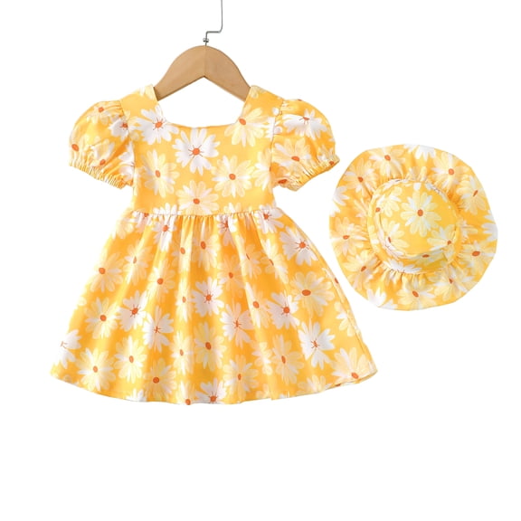 Baby Girls Clothes Toddler Girls Floral Dress 18 Months Girls Summer Dress 24 Months Girls Sundress Short Sleeve Dress with Cute Hat Yellow