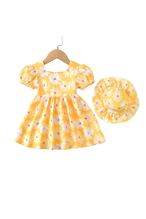 Baby Girls Clothes Toddler Girls Floral Dress 18 Months Girls Summer Dress 24 Months Girls Sundress Short Sleeve Dress with Cute Hat Yellow