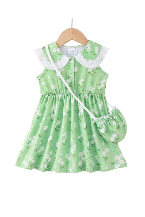 Baby Girls Clothes Toddler Girls Floral Dress 3T Girls Summer Dress 4T Girls Sundress Sleeveless Dress with Cute Bag Green