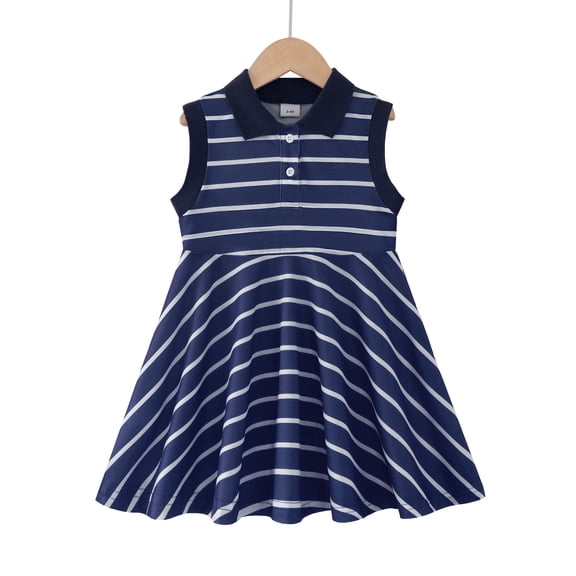Baby Girls Clothes Toddler Girls Polo Dress 4T Girls Summer Casual Dress 5T Girls Lapel Sleeveless Stripe Dress Dark Blue