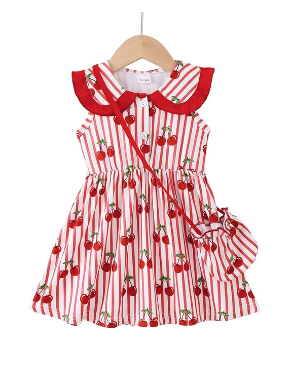 Baby Girls Clothes Toddler Girls Stripe Dress 2T Girls Summer Dress 3T Girls Sundress Sleeveless Dress with Cute Bag Red