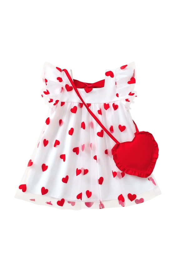 Baby Girls Clothes Toddler Girls Tulle Dress 3T Girls Summer Dress 4T Girls Sundress Short Sleeve Heart Print Dress with Cute Bag Red