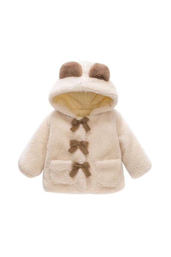Baby Girls Clothing Plush Thick Winter Solid Color Cute Bear Ears Hoodie Coats Kids Girls Pockets Casual Jackets (6-12Months, White)