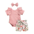 thumbnail image 1 of Baby Girls Clothing Sets Short Sleeve Solid Rompers+Floral Printed Shorts+ Headband 3-piece Outfits, 1 of 8