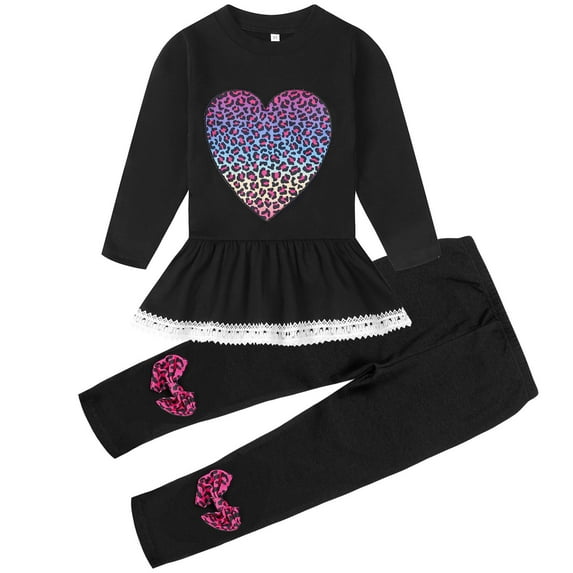 Baby Girls Colorful Leopard Print Heart Outfits Set 2 Pieces Little Kids Valentine's Day Outfit Fleece Ruffle Long Sleeve Fall Winter Clothing Set 3T