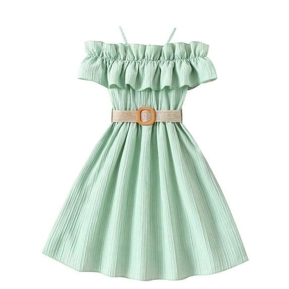 Baby Girls' Cotton Dresses New Girls Summer Cold Shoulder Sundress Ruffle Hem Belted a Line Midi Dress Toddler Party Princess Dress Green 9 Years