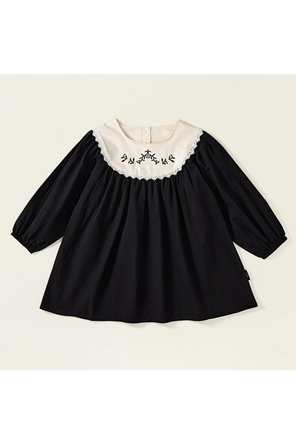 Baby Girls Cotton Embroidery Dress Button Back Long Sleeve Round Neck Dresses Cropped Fashion Casual