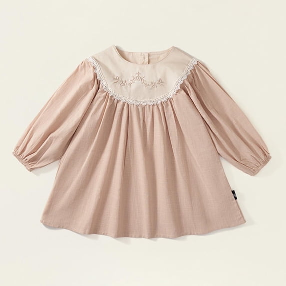 Baby Girls Cotton Embroidery Dress Button Back Long Sleeve Round Neck Dresses Cropped Fashion Casual