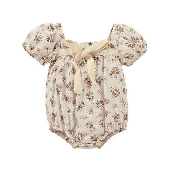 Baby Girls Cotton Floral Autumn Bow Tie Short Sleeve Romper Bodysuit Clothes,Size 6 Months-9 Months