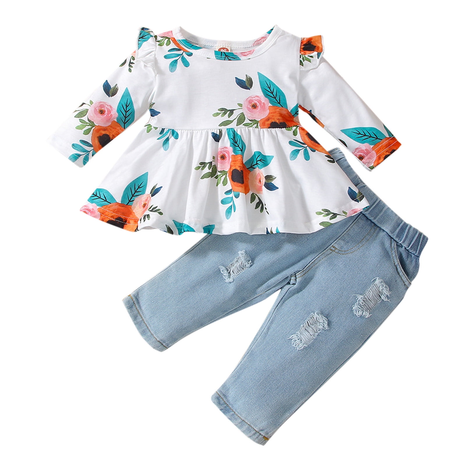 Baby Girls Cotton Floral Autumn Long Sleeve Pants Ruffle Tops Jeans Set ...