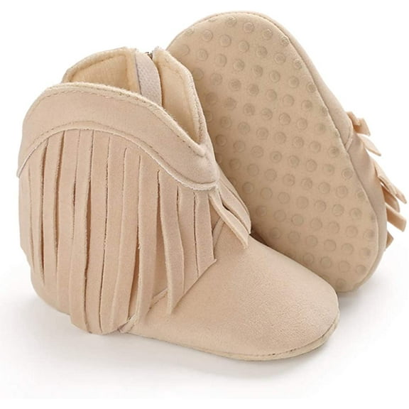 Baby Girls Cowboy Tassel Boots with Side Zipper Moccasins Non Slip Newborn Infant Booties Suede Toddler First Walker Shoes