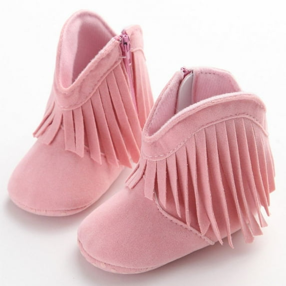 Baby Girls Cowboy Tassel Boots with Side Zipper Non Slip Infant Booties Toddler First Walker Shoes Warm Winter Crib Shoes 0-18 Months