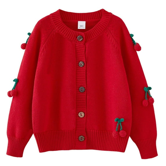 Baby Girls Cute Cardigan Embroidery Cotton Button Up Fall Winter Long Sleeve Sweater Knit Crewneck Casual Clothes for Gifts,Red 6,7 Years