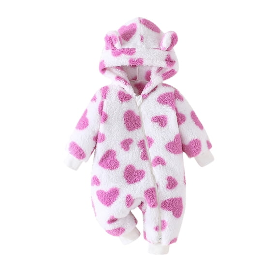 Baby Girls Cute Heart Print Snowsuit Romper Fleece Long Sleeve One-Piece Coats Infant Winter Hooded Onesie Jumpsuit Outfits 0-18Months