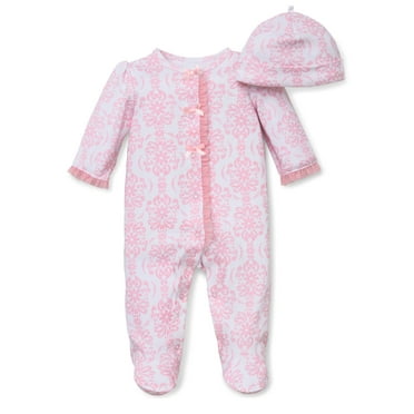 Baby Girls Damask Snap Front Footie Pajamas with Hat For Baby Girls Sleep N Play One Piece Romper Coverall Cotton Infant Footed Sleeper; Pijamas Para Bebes- White and Pink - 6 Month