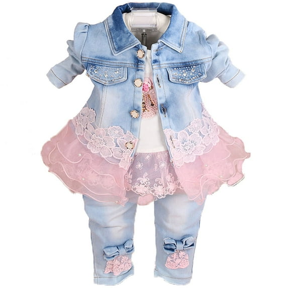Peacolate Toddler Girls 3-Piece Denim Clothing Set - T-Shirt, Denim Jacket, and Jeans, Pink, 6-12M