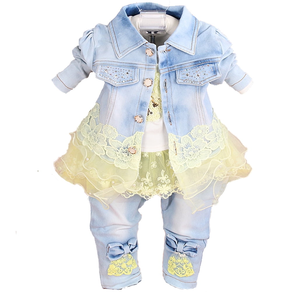 Baby Girls Denim Clothing Sets 3 Pieces Sets T Shirt Denim Jacket and Jeans,Yellow,2-3Years