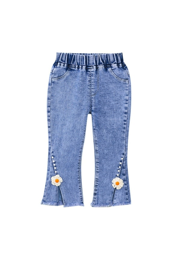 Baby Girls Denim Jeans - Elastic Waist Toddler Pants - Stone Washed, Adjustable Band, Mini Pocket, Straight Fit for 6M-5Y