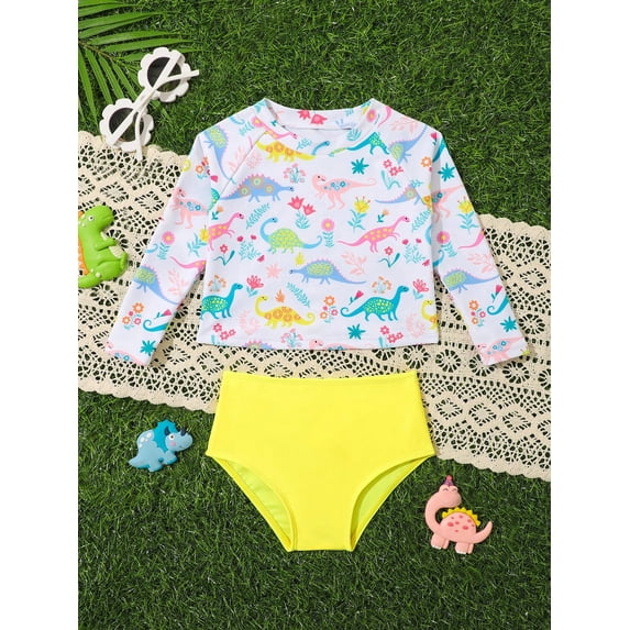 Baby Girls' Dinosaur Print Raglan Long Sleeve Rash Guard Swimsuit