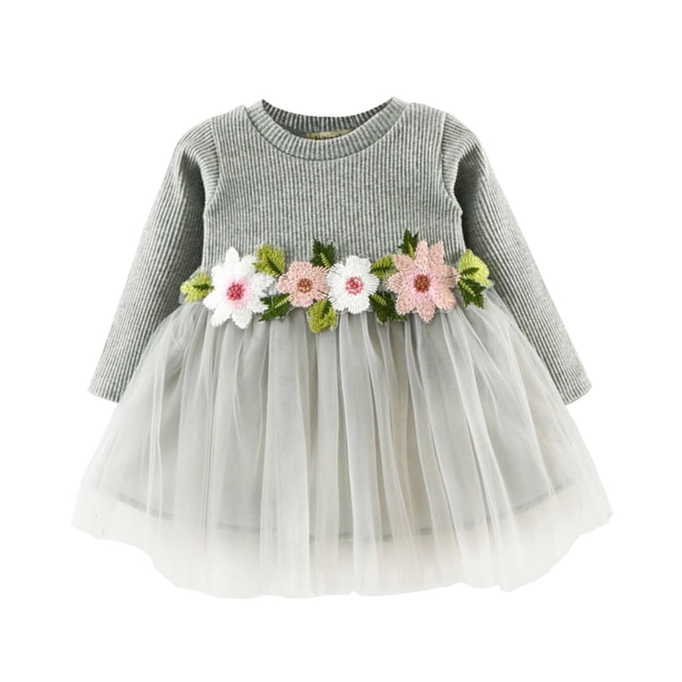 winter dress 12 18 months Baby Girls Dress Long Sleeve Solid Color Lace Dress 1PCS Winter Dress 12-18  Months, Gray