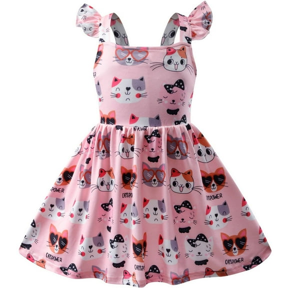 Baby Girls Dress Pink Cat Dress Flutter Sleeve Swing Sundress Toddler Summer Back to School Dress Kids Cat Outfits 18-24 Months